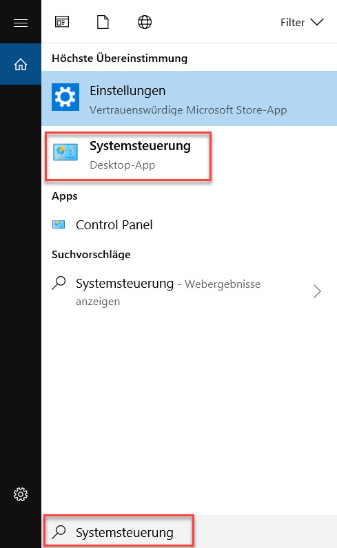 Systemsteuerung suchen in Windows 10