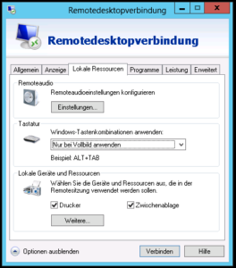 Optionen der Remotedesktopverbindung in Windows