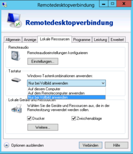 Diese Optionen für die Tastenkombination stehen in der Remotedesktopverbindung zur Verfügung