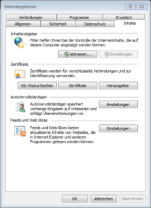 Internetoptionen im Internet Explorer - Reiter Inhalte