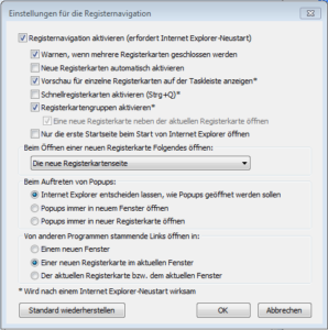 Registernavigation im Internet Explorer