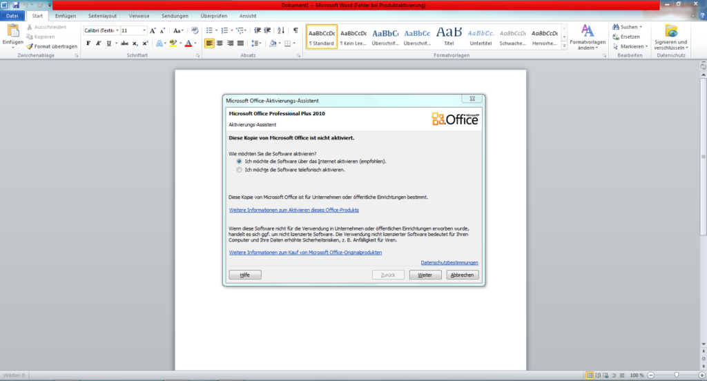 Aktivierung Microsoft Office 2010