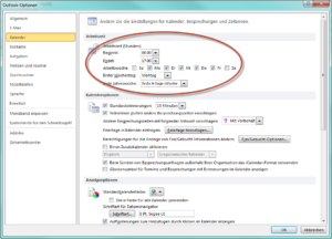 Definition der Arbeitszeiten und der Arbeitstage in Outlook 2010