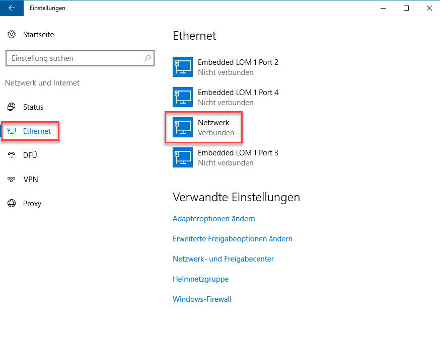 Unter Ethernet lässt sich das verbundene Netzwerk auswählen