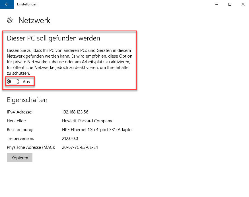 Der Schalter bei Dieser PC soll gefunden werden ist aus.