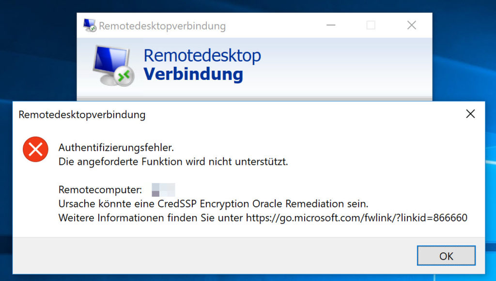 Authentifizierungsfehler - Ursache könnte eine CredSSP Encryption Oracle Remediation sein.