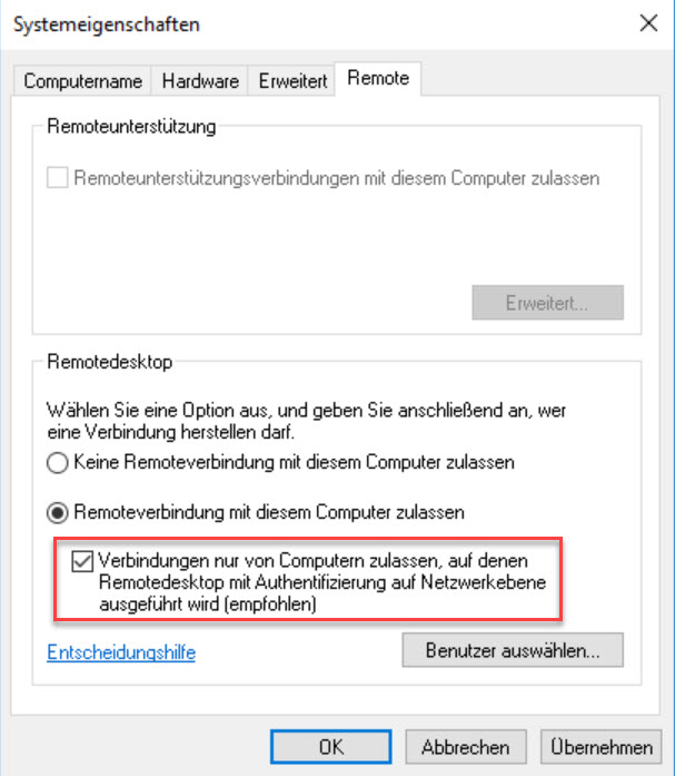 Remoteverbindungen sind zugelassen