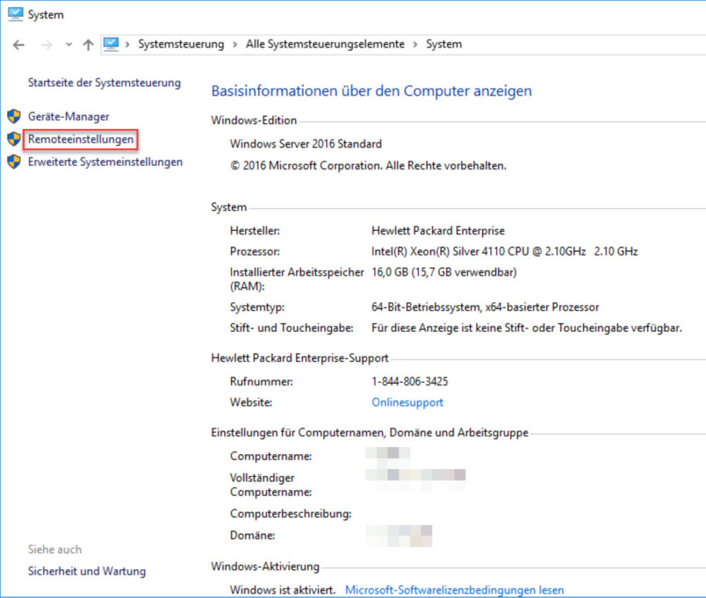 Remoteeinstellungen auf dem Server in der Systemsteuerung