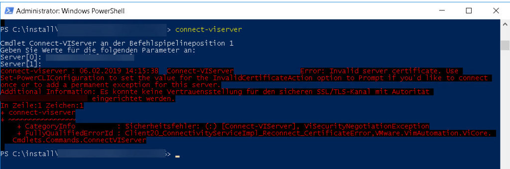 Fehlermeldung Invalid server certificate beim verbinden mit der vCenter Server Appliance über PowerCli