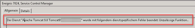 Unzulässige Funktion beim Starten des Apache Tomcat Dienst