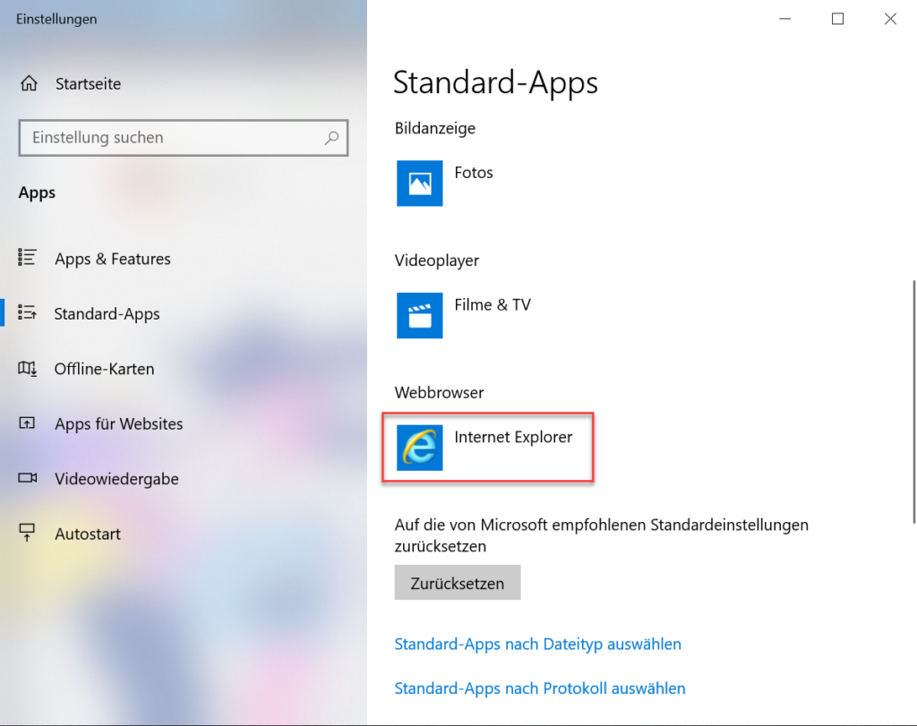 Standard-Apps in den Einstellungen von Windows 10