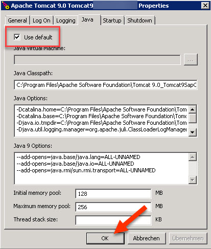 In den Java-Einstellungen den Haken bei Use default setzen.