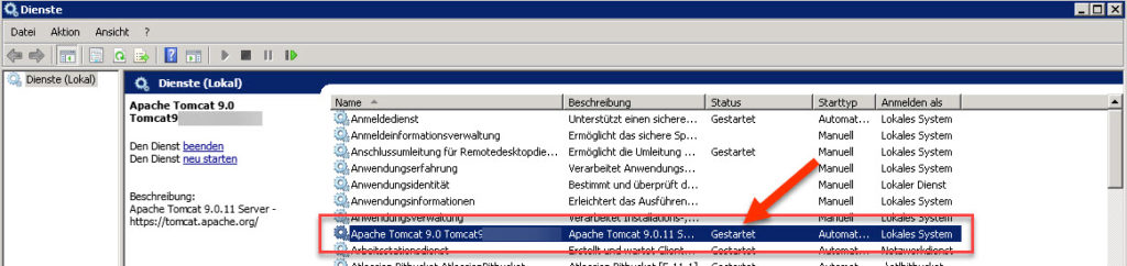 Der Apache Tomcat Dienst startet wieder.