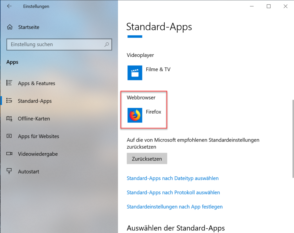 Jetzt ist der Firefox als Standardbrowser festgelegt.