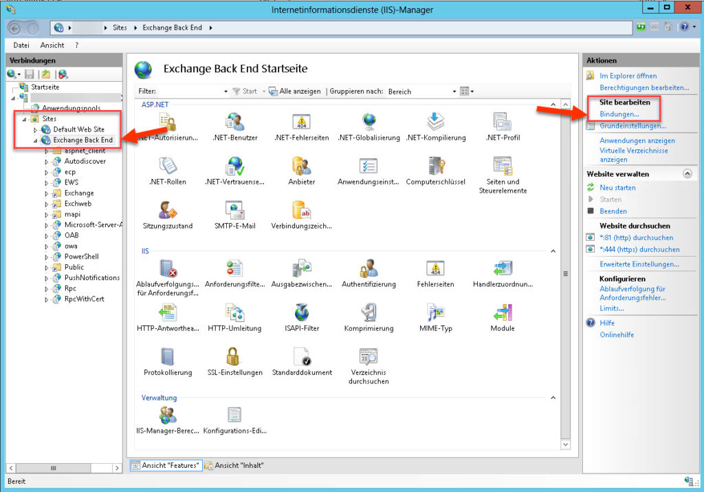 Exchange Back End im IIS-Manager