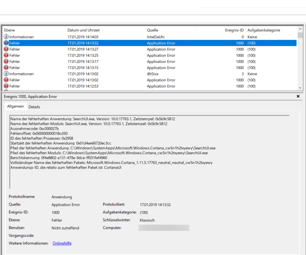 Ereignis ID 1000 Fehler SearchUI.exe