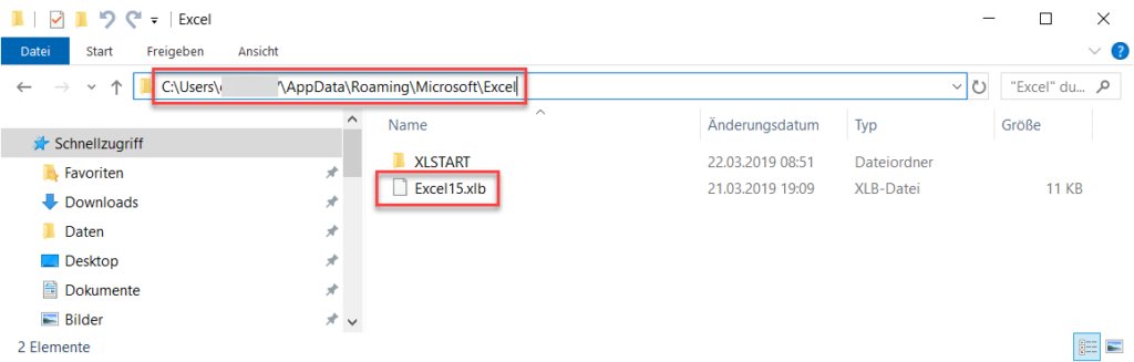 Die Datei Excel15.xlb umbenennen bzw. löschen