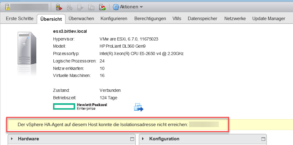 Fehlermeldung in VMware ESXi vSphere: Der vSphere HA-Agent auf diesem Host konnte die Isolationsadresse nicht erreichen: IP-Adresse.