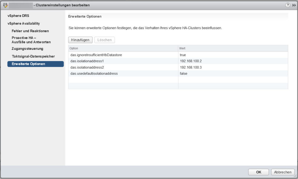 In den erweiterten Optionen des HA-Clusters werden die alternativen Isolations-Adressen eingetragen.