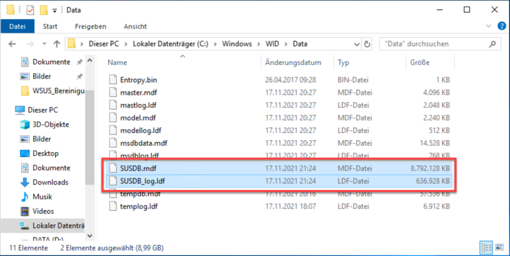 WSUS Datenbank-Dateien löschen