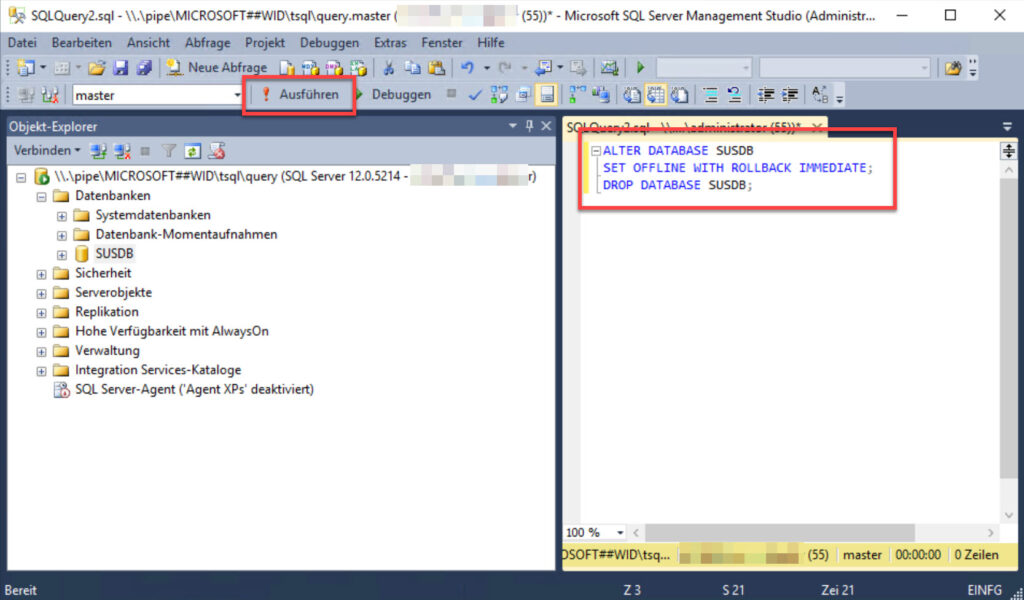 Löschen der SUSDB Datenbank mit SQL-Code